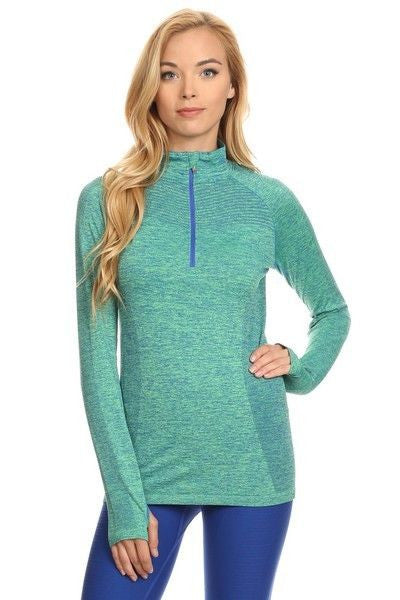 Yelete Stella Elyse Active Living 1/4 Zip Pullover Top Marled Knit Teal