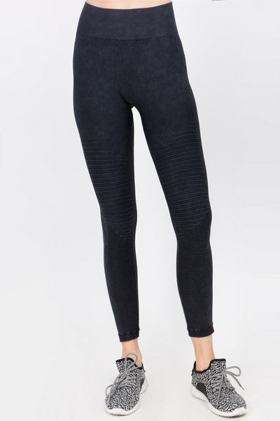 Vintage Wash Moto Detailed Seamless Tights - Black