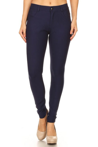Yelete Lady's Mid Rise Ponte Knit Skinny Pants - Navy Blue