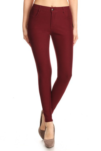Yelete Lady's Mid Rise Ponte Knit Skinny Pants - Wine