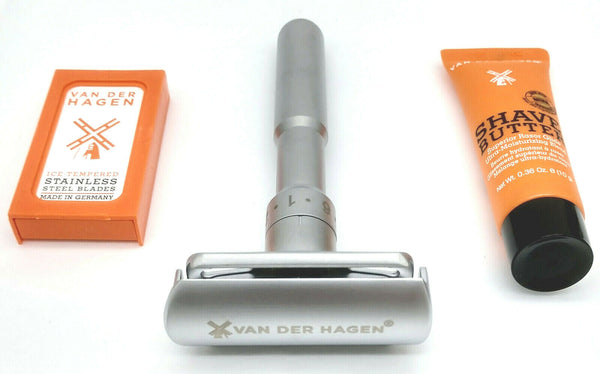 Van Der Hagen TWIST Adjustable Safety Razor Silver 5 Blades + Shave Butter sample