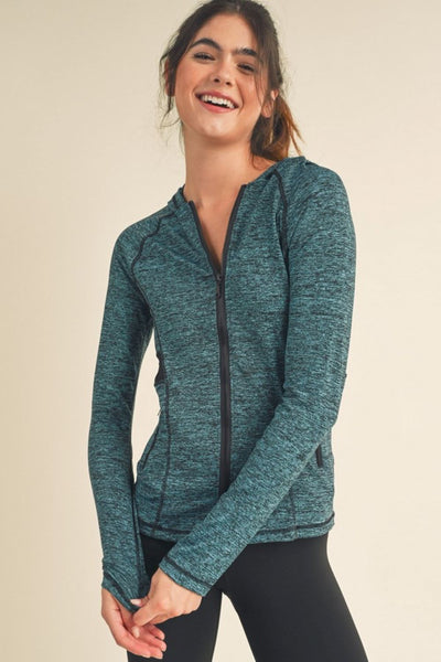 Yelete Activewear Full Zip Jacket Hoodie Turquoise heathered with Black contrast