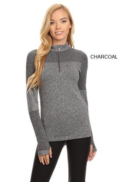 Yelete Stella Elyse Active Living 1/4 Zip Pullover Top Marled Knit Charcoal