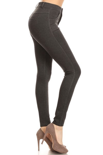 Yelete Lady's Mid Rise Ponte Knit Skinny Pants Heather Charcoal