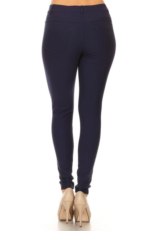 Yelete Lady's Mid Rise Ponte Knit Skinny Pants - Navy Blue