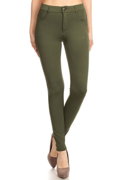 Yelete Lady's Mid Rise Ponte Knit Skinny Pants Olive