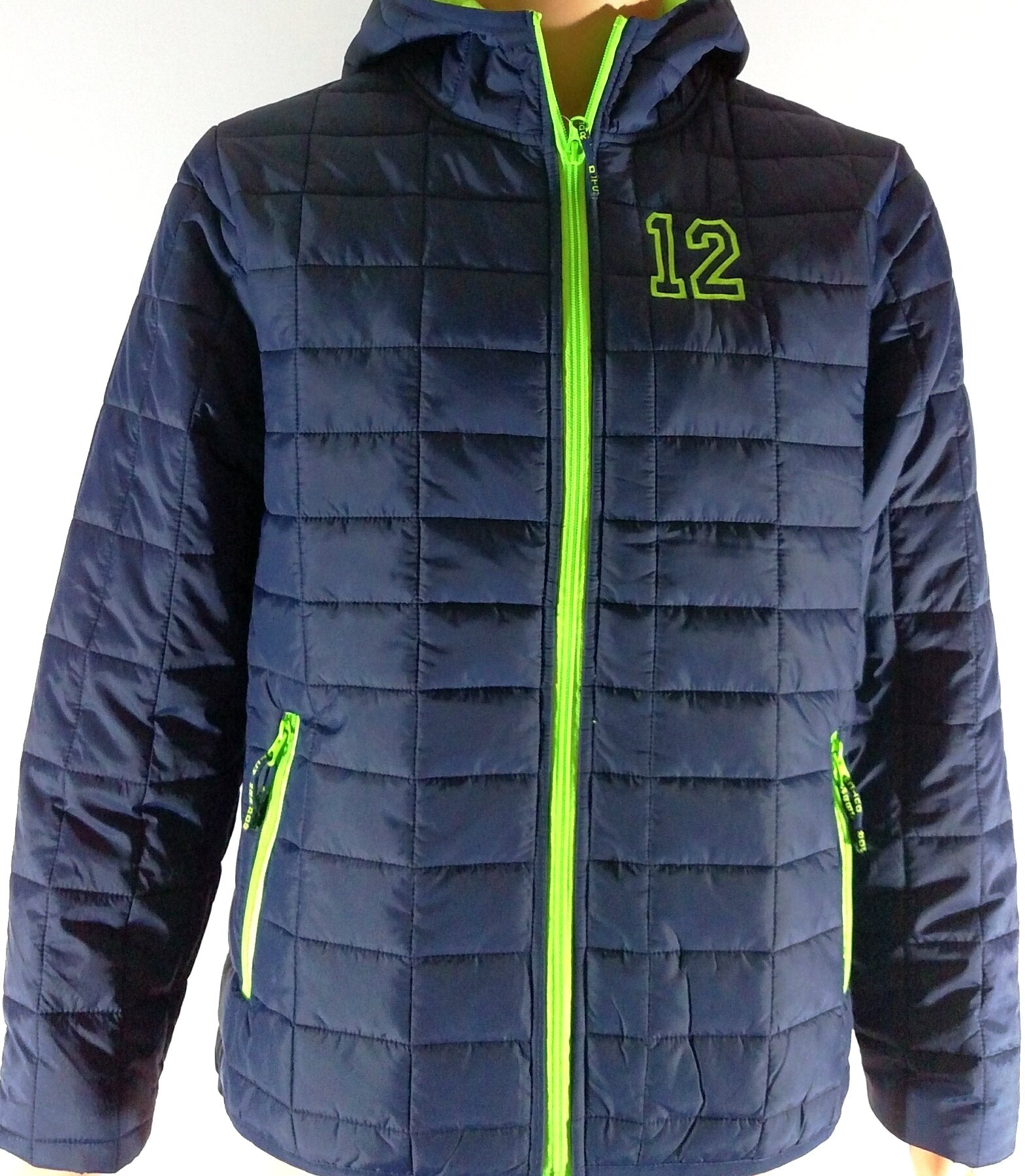 Seattle Seahawks inspired 12 Go Hawks Packable Insulated Jacket Layer Navy Lime