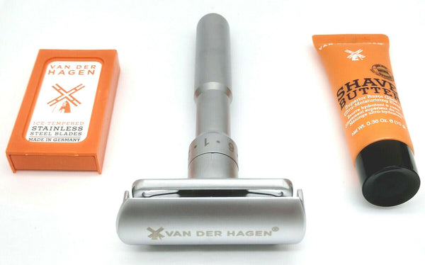 Van Der Hagen TWIST Adjustable Safety Razor Siver 5 Blades + Shave Butter sample